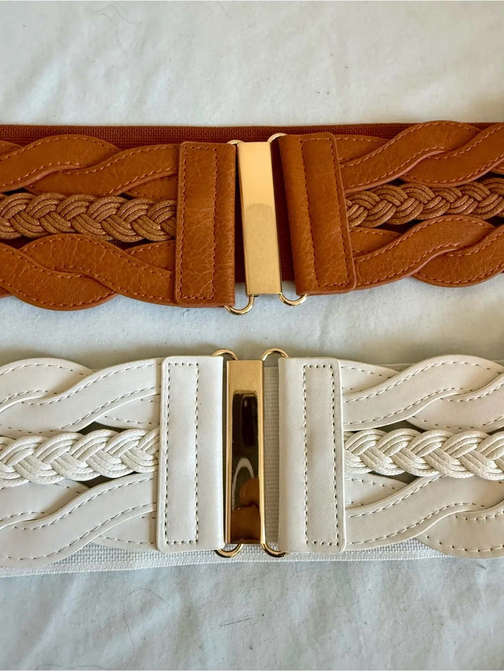 2 Elastic Braided Waist Belts - Tan and White
